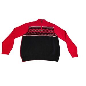 CHAPS 1/4 Zip Men's Large Red/Black/White Sweater 100% Cotton Ski‎ Christmas